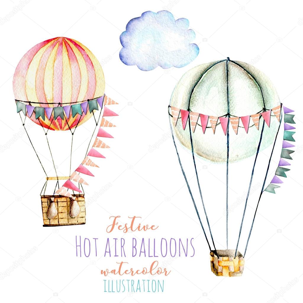Illustration with watercolor hot air balloons with flags, hand drawn isolated on a white background