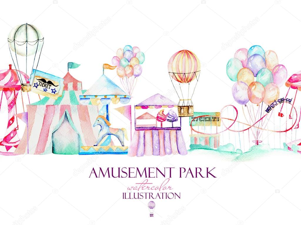 Illustration with watercolor elements of amusement park