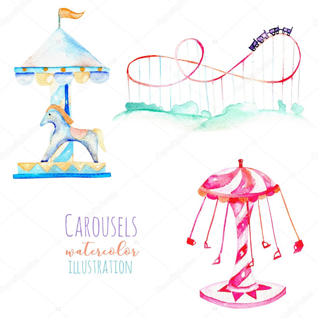 Illustration with watercolor elements of amusement park, hand drawn isolated on a white background, carousels