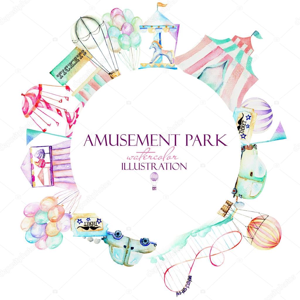 Circle frame with watercolor elements of amusement park, hand drawn isolated on a white background, can be used for the logo, banner