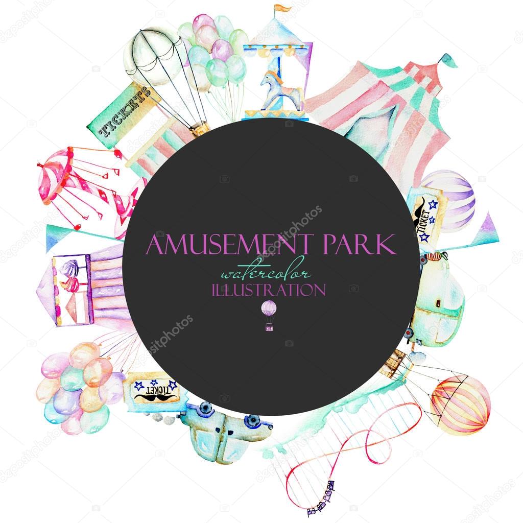 Circle frame with watercolor elements of amusement park