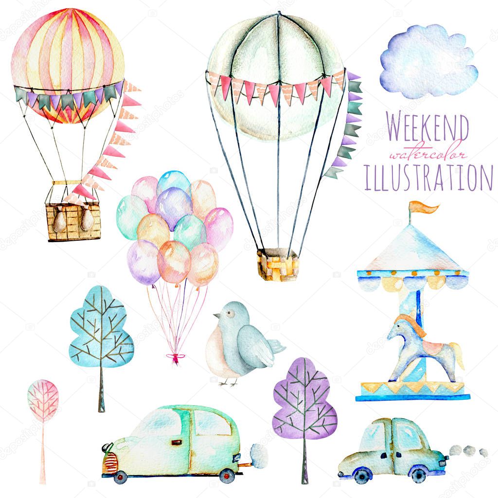Illustration set with watercolor elements of weekend time and amusement park