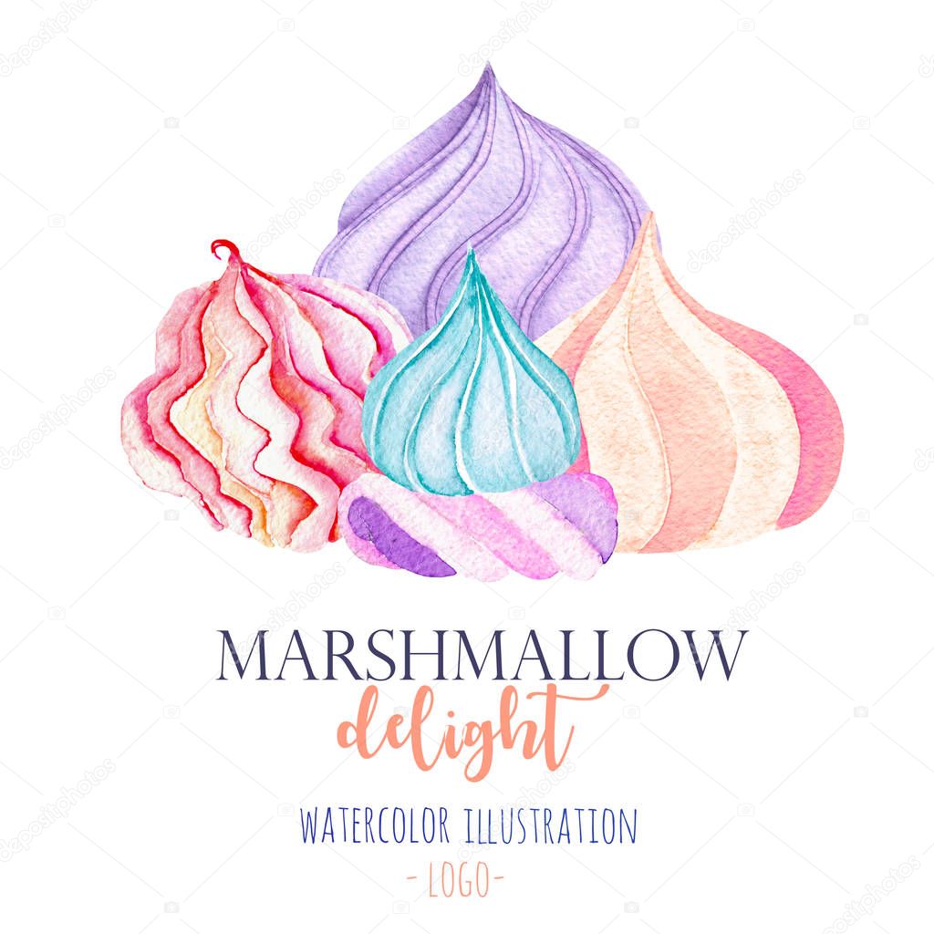 Watercolor marshmallow illustration, hand drawn isolated on a white background, for use in a logo, sign, symbol