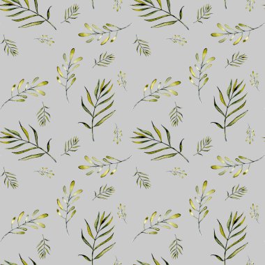 Sulu Boya yeşil fern dalları ile sorunsuz çiçek desenli