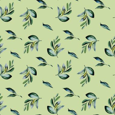 Sulu Boya yeşil defne dalları ile sorunsuz çiçek desenli