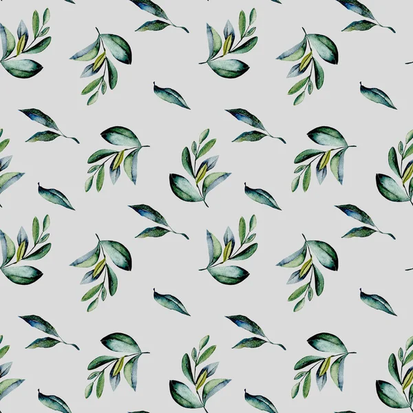 Seamless floral pattern with watercolor green laurel branches — Stock Photo, Image