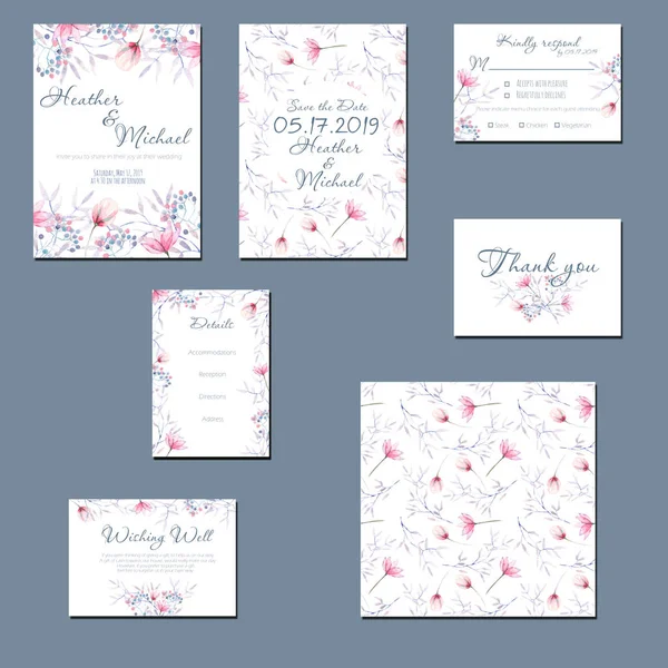 Plantilla de tarjetas con acuarela tierna flores y plantas de color rosa y azul — Foto de Stock