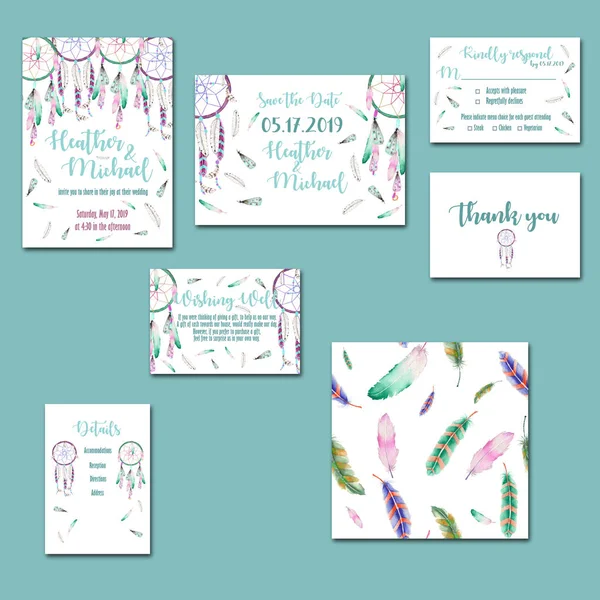 Template cards set with watercolor dream catchers — Stock Photo, Image