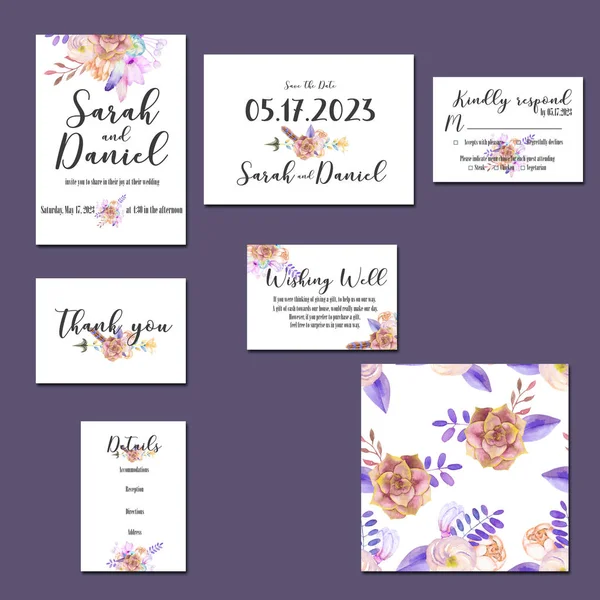 水彩の紫の花束入りテンプレート カード — ストック写真