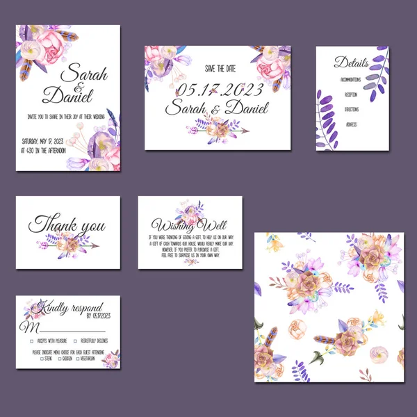 Template cards set with watercolor purple posies — Stock Photo, Image