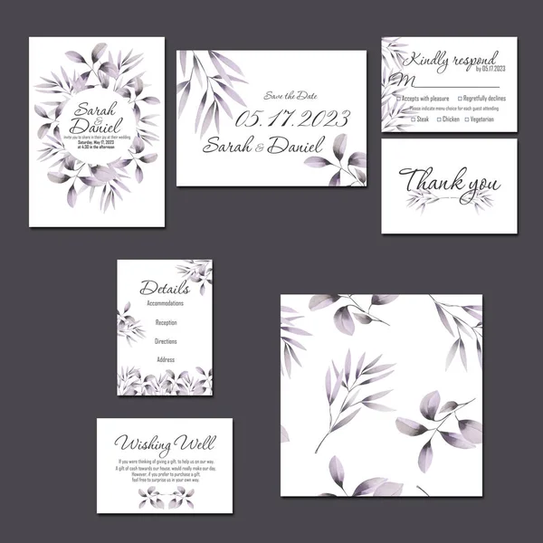 Schablonenkarten Set mit lila Zweigen — Stockfoto
