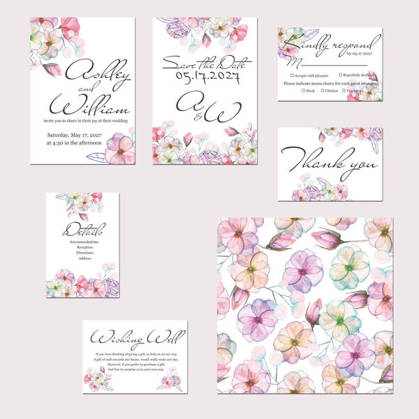 Template cards set with watercolor flowers of apple tree and roses