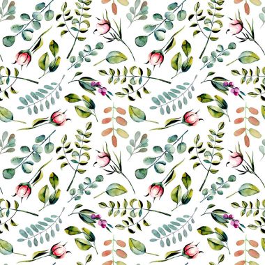 Suluboya okaliptüs dalları, pembe peony çiçek tomurcukları ve yeşil bitkiler ile Seamless Modeli