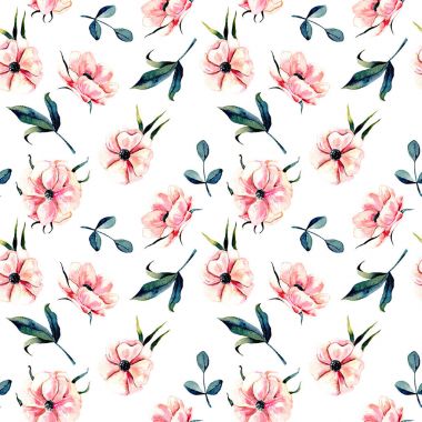 Pembe anemon çiçeği çiçek ve yeşil yaprakları ile sorunsuz çiçek desenli