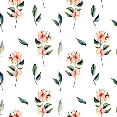 Pembe çiçekler dallar ve yeşil yaprakları ile sorunsuz çiçek desenli