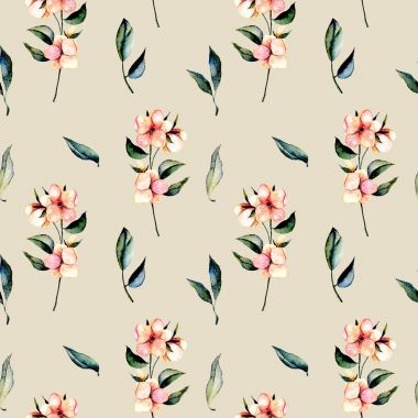 Pembe çiçekler dallar ve yeşil yaprakları ile sorunsuz çiçek desenli