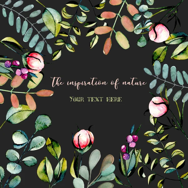 Cartolina modello con rami di eucalipto, boccioli di fiori di peonia rosa e piante verdi illustrazione ad acquerello — Foto Stock