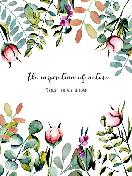 유 칼 리 나무와 서식 파일 엽서 분기, 핑크 작 약 꽃 새싹 및 녹색 식물 수채화 그림 — 스톡 사진