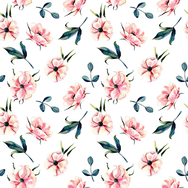 Seamless floral pattern with pink anemone flowers and green leaves — Stock Photo, Image