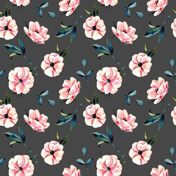 Seamless floral pattern with pink anemone flowers and green leaves — Stock Photo, Image