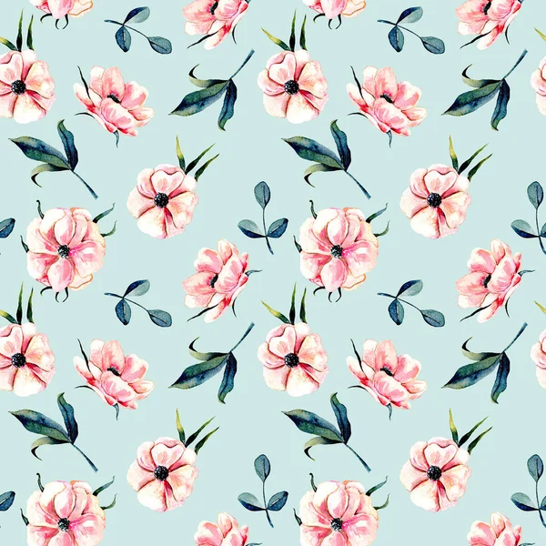 Seamless floral pattern with pink anemone flowers and green leaves — Stock Photo, Image