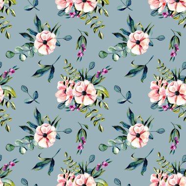 Sulu boya pembe çiçekler ve okaliptüs dalları buketleri ile sorunsuz çiçek desenli