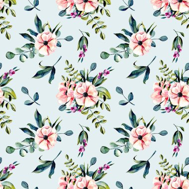 Sulu boya pembe çiçekler ve okaliptüs dalları buketleri ile sorunsuz çiçek desenli