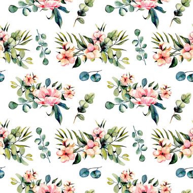 Sulu boya pembe çiçekler ve okaliptüs dalları buketleri ile sorunsuz çiçek desenli