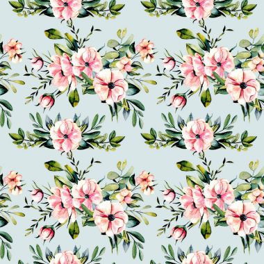 Sulu boya pembe çiçekler ve okaliptüs dalları buketleri ile sorunsuz çiçek desenli