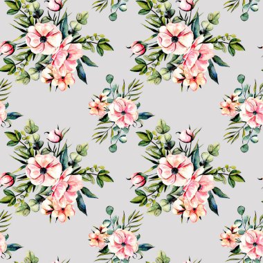 Sulu boya pembe çiçekler ve okaliptüs dalları buketleri ile sorunsuz çiçek desenli