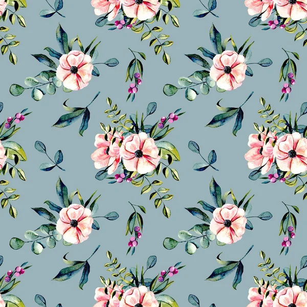 Seamless floral pattern with watercolor pink flowers and eucalyptus branches bouquets — Stock Photo, Image