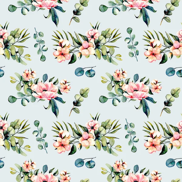 Seamless floral pattern with watercolor pink flowers and eucalyptus branches bouquets — Stock Photo, Image