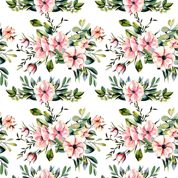 Patrón floral sin costuras con flores de color rosa acuarela y ramos de ramas de eucalipto —  Fotos de Stock