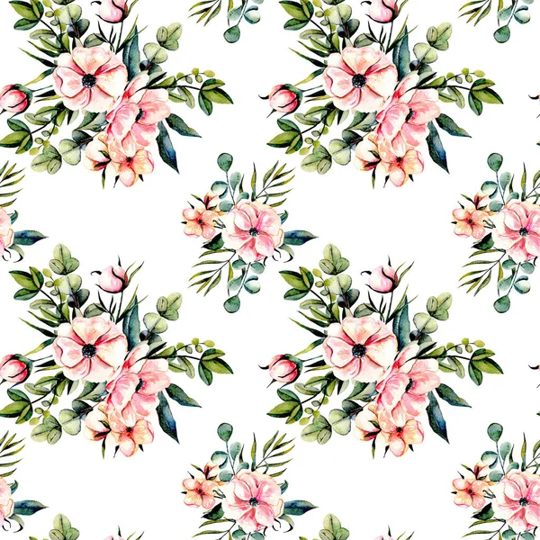 Seamless floral pattern with watercolor pink flowers and eucalyptus branches bouquets — Stock Photo, Image