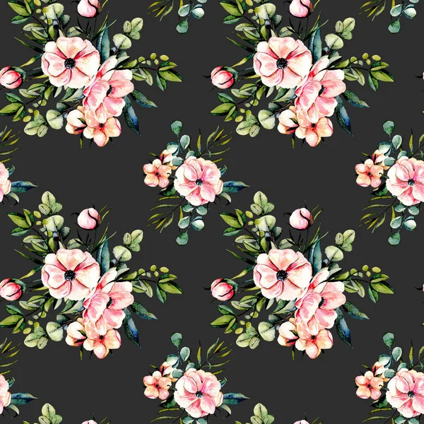 Patrón floral sin costuras con flores de color rosa acuarela y ramos de ramas de eucalipto —  Fotos de Stock
