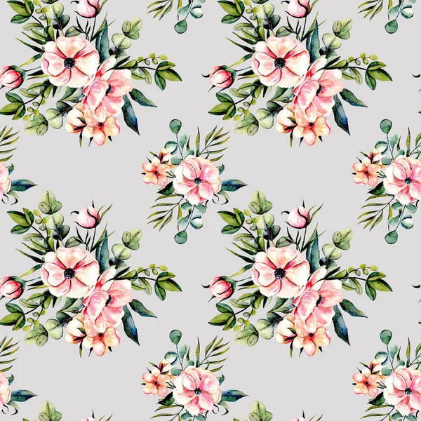 Seamless floral pattern with watercolor pink flowers and eucalyptus branches bouquets — Stock Photo, Image