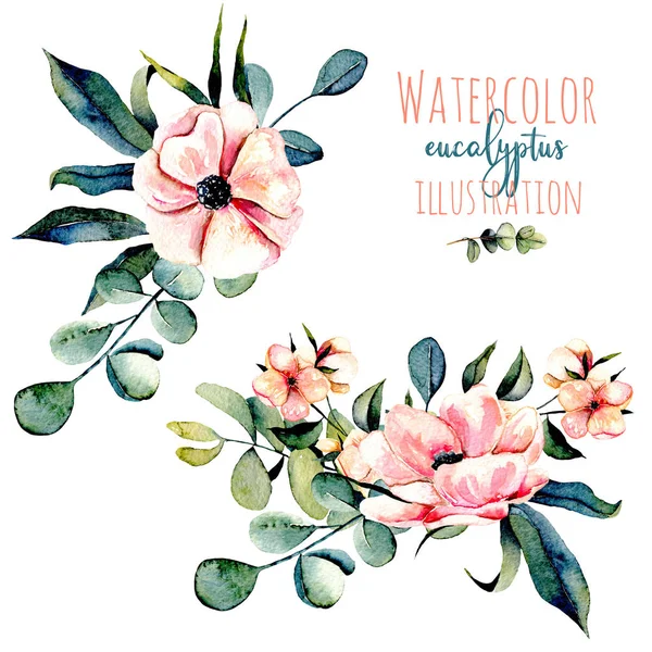 Set von Aquarell rosa Blüten, Eukalyptuszweige und andere Pflanzen Blumensträuße Illustration — Stockfoto