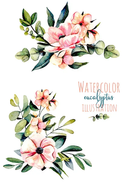 Набор акварельных розовых цветов, веток эвкалипта и других букетов растений иллюстрация — стоковое фото
