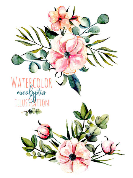 Set of watercolor pink flowers, eucalyptus branches and other plants bouquets illustration