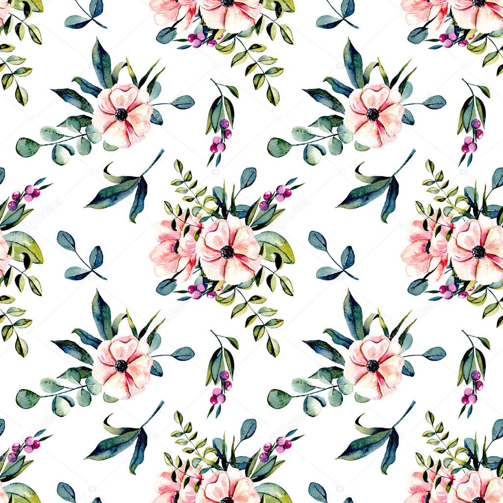 Seamless floral pattern with watercolor pink flowers and eucalyptus branches bouquets