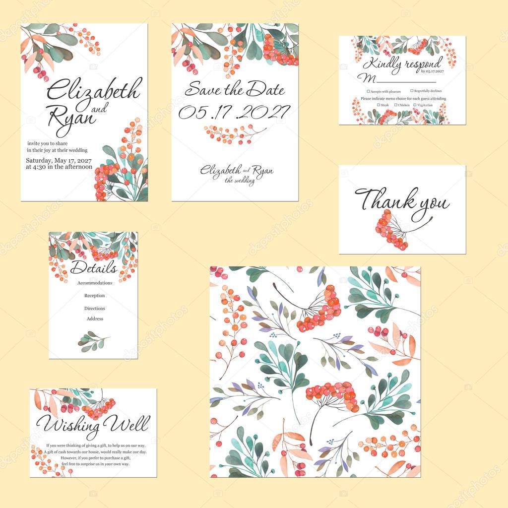 Template cards set with watercolor rowan tree and other autumn tree branches
