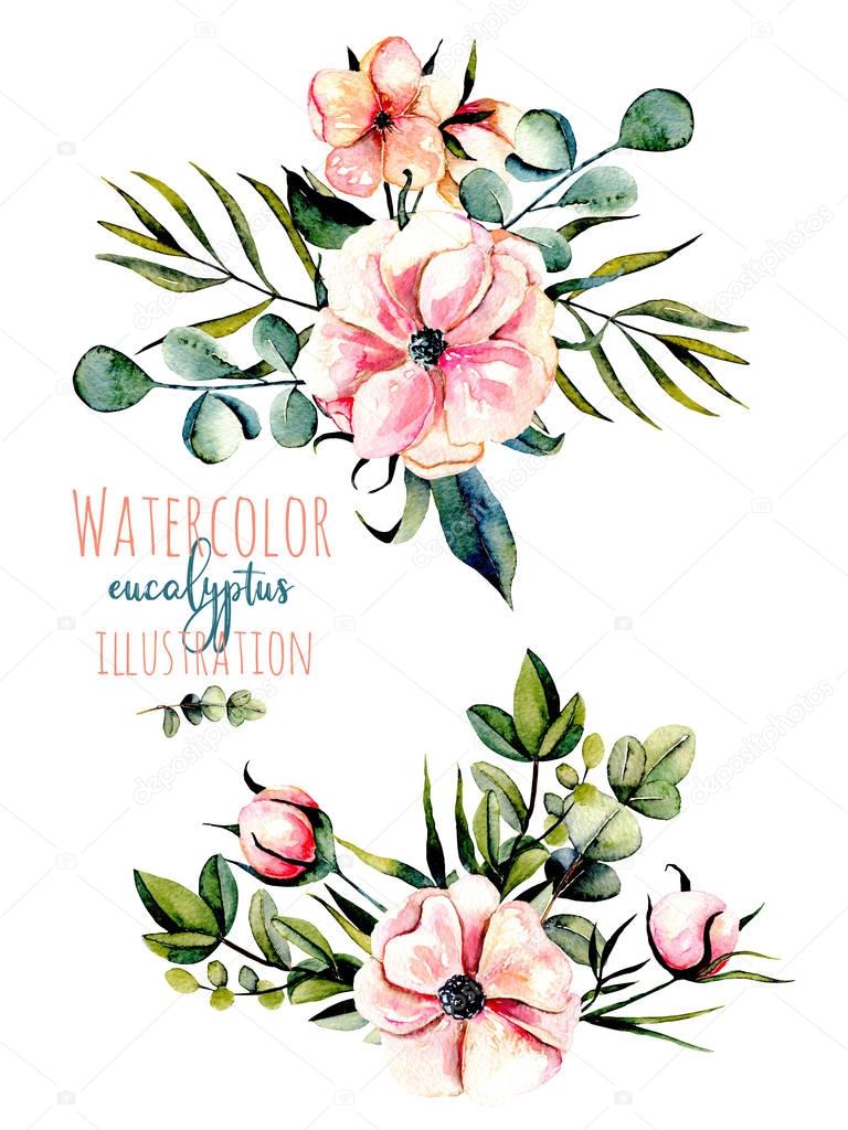 Set of watercolor pink flowers, eucalyptus branches and other plants bouquets illustration