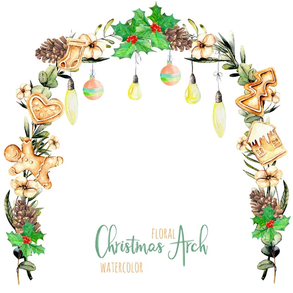 Watercolor floral Christmas arch with hanging lamps for holiday design — Stock Photo, Image