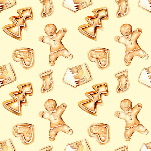 Gingerbreads 수채화와 완벽 한 패턴 — 스톡 사진