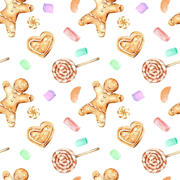 Seamless mönster med akvarell pepparkakor och marshmallow — Stockfoto