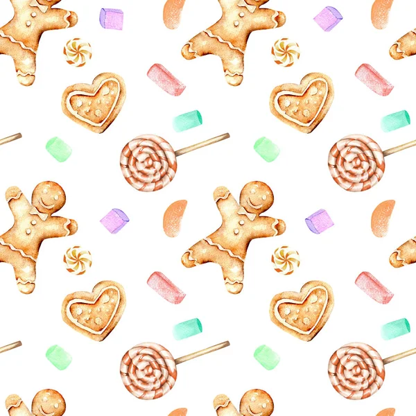 Seamless pattern with watercolor gingerbreads and marshmallow
