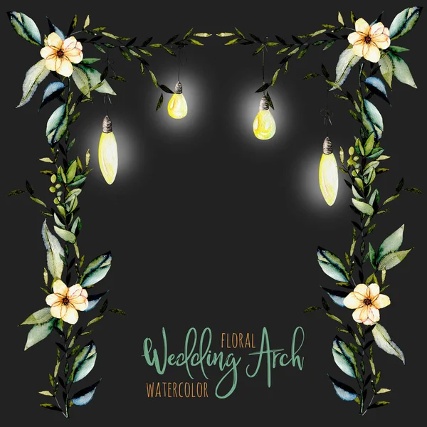 Aquarell floraler Hochzeitsbogen mit Hängelampen für Brautmoden — Stockfoto