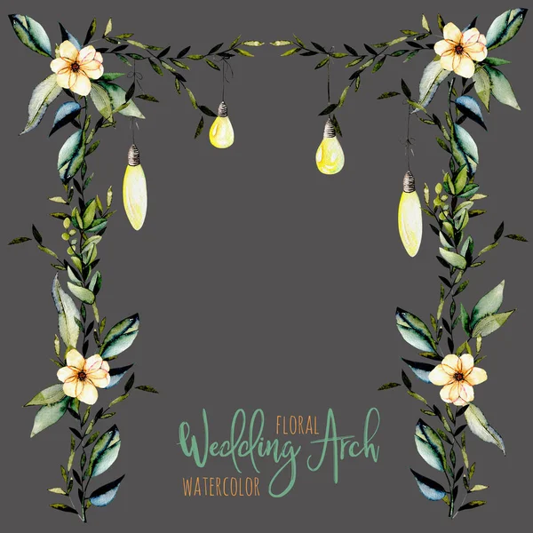 Arco de boda floral de acuarela con lámparas colgantes para diseño nupcial —  Fotos de Stock
