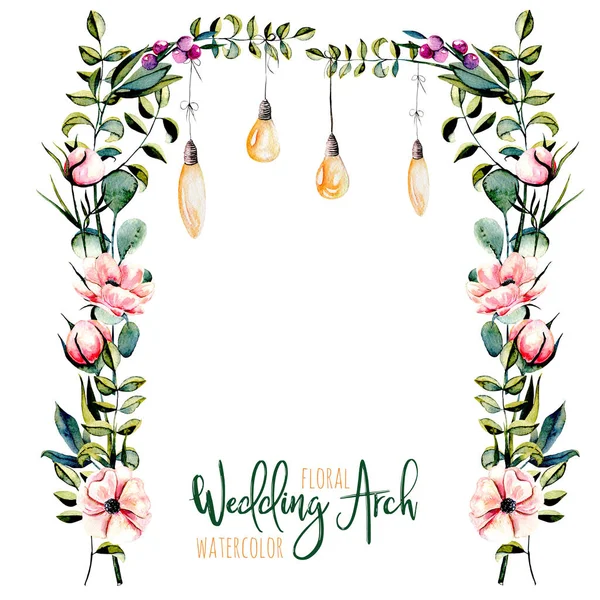 ブライダル デザインのランプをぶら下げと水彩の花結婚式のアーチ — ストック写真