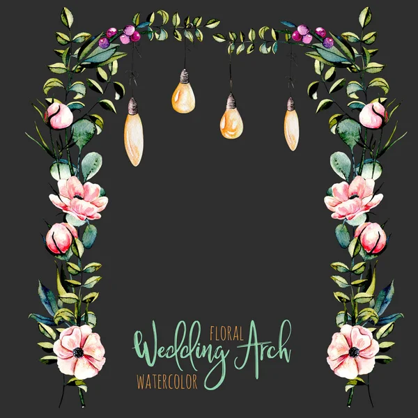 Arco de casamento floral aquarela com lâmpadas penduradas para design nupcial — Fotografia de Stock